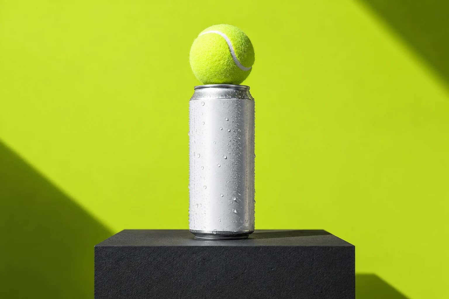Concept campaign with a lime tennis ball balanced on a silver beverage can